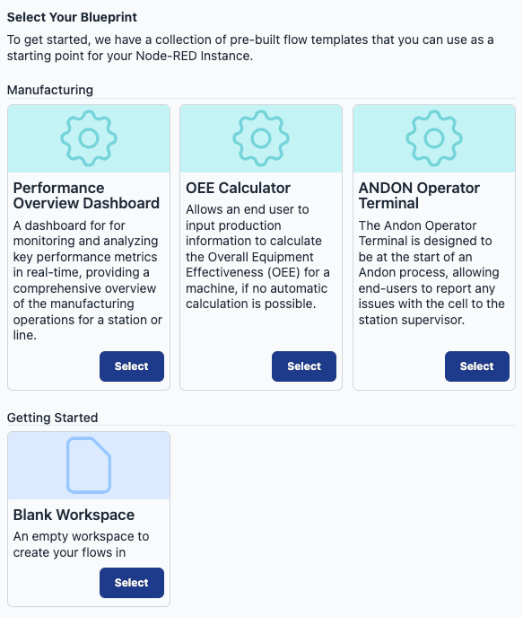 "FlowFuse Blueprint Selection"